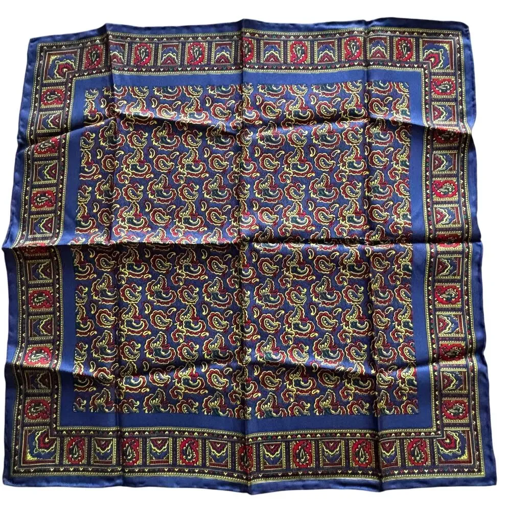 Vintage Italian silk scarf neckerchief style square blue red gold paisley print